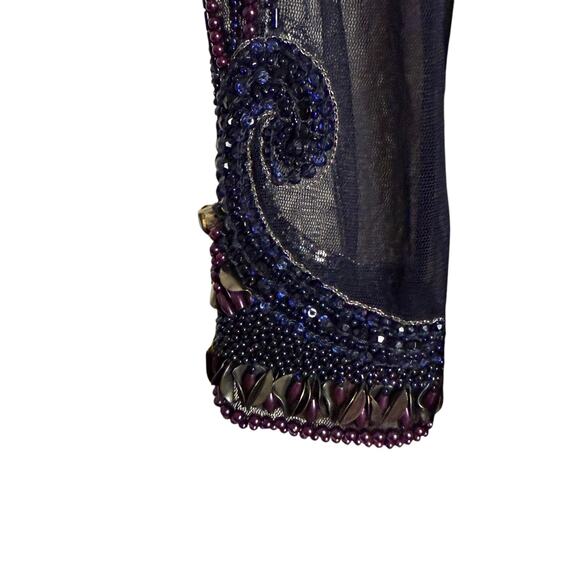 Badgley Mischka Navy Blue Beaded Long Sleeve Bateau Neck Train Gown Size 12 - Picture 10 of 16